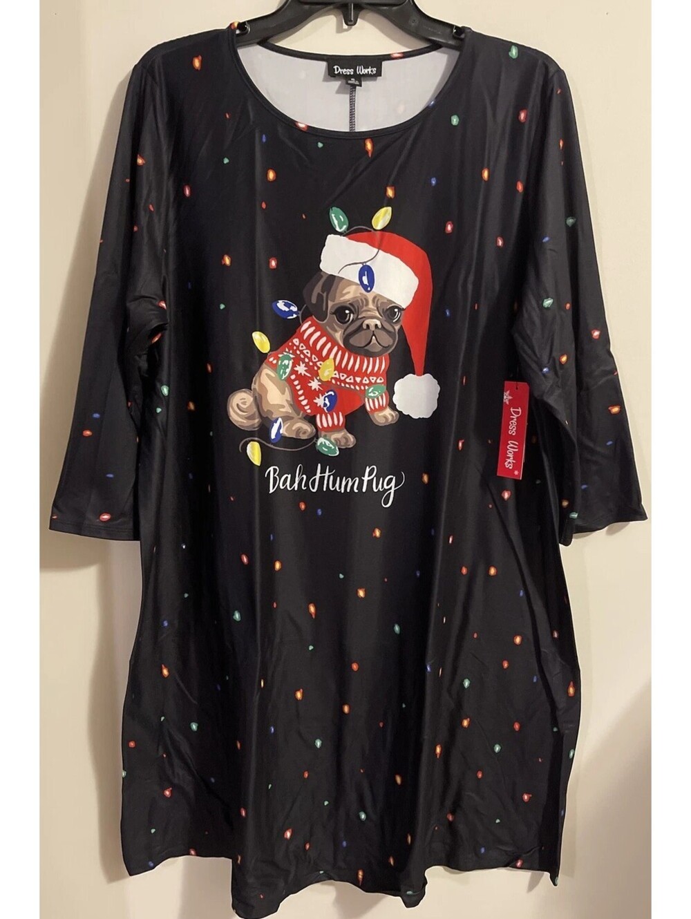 Dress Works Womens XL Black Pug Dog “Bah Hum Pug” Christmas Midi Dress NWT A6520